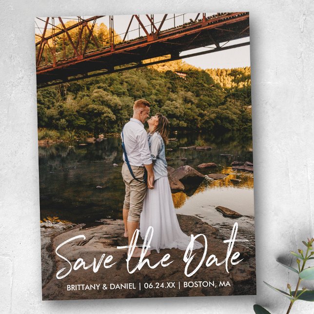 Handwritten Script Couple Photo Save the Date Postcard (Customize to change your personalized text size or text style.)
