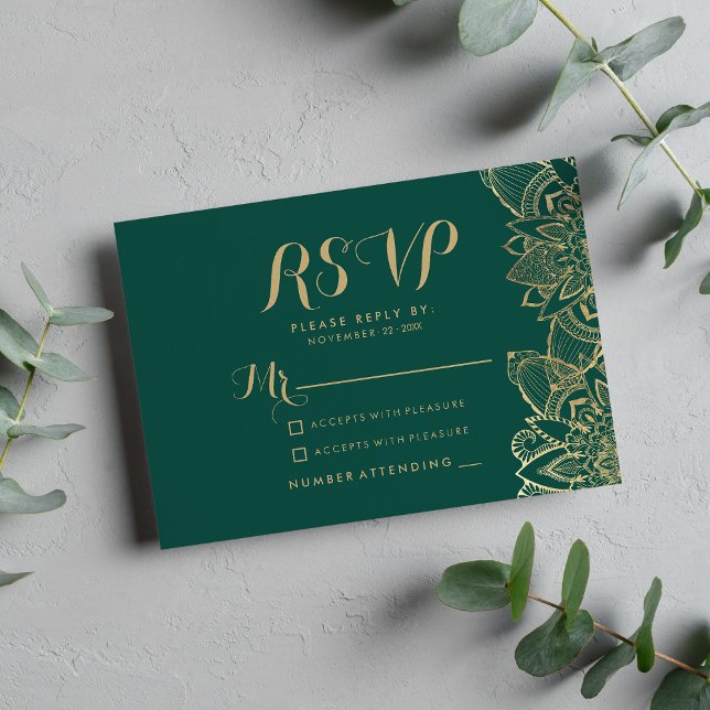 Handwritten script dark green gold mandala RSVP Card (Handwritten script dark green gold mandala RSVP)