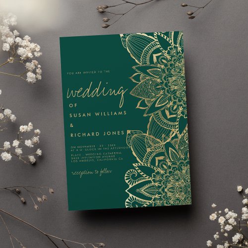 Handwritten script dark green gold mandala wedding invitation