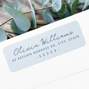 Handwritten script dusty blue return address label
