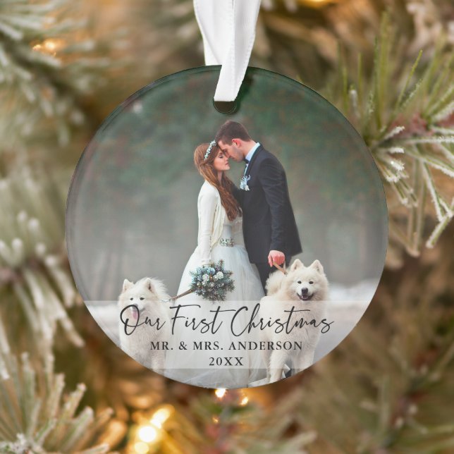 Handwritten Script First Christmas Wedding Photo Ornament (Tree)