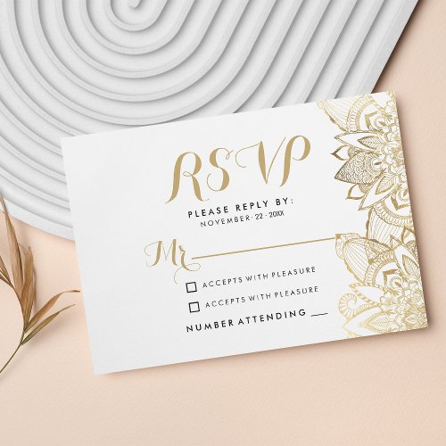 Handwritten script glam white gold mandala RSVP