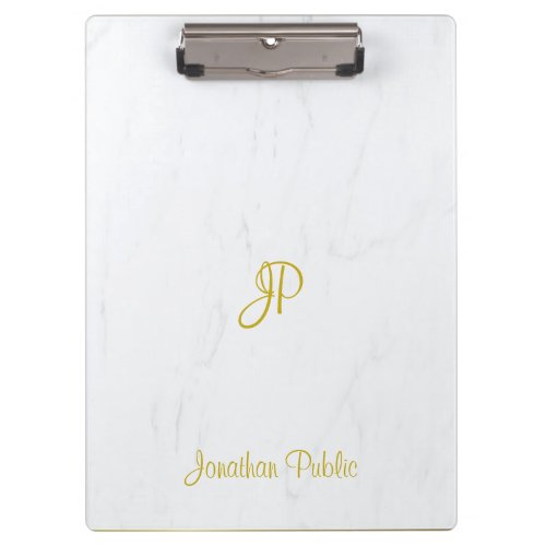 Handwritten Script Gold Monogram Elegant Marble Clipboard