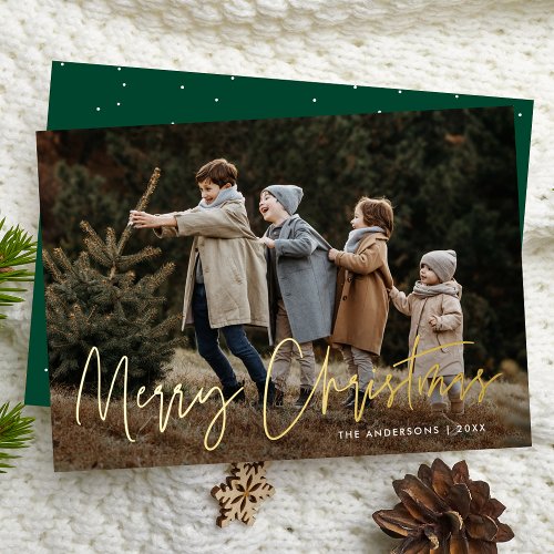 Handwritten Script Green Merry Christmas Photo Foil Holiday Card