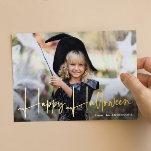 Handwritten Script Happy Halloween Photo Foil Holiday Card