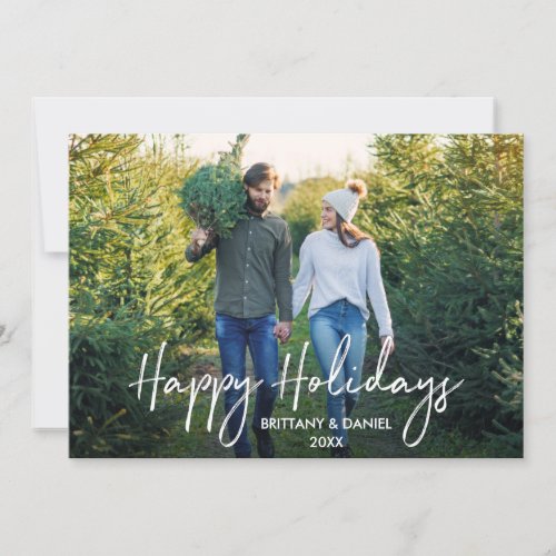 Handwritten Script Happy Holidays Couple Photo Holiday Card