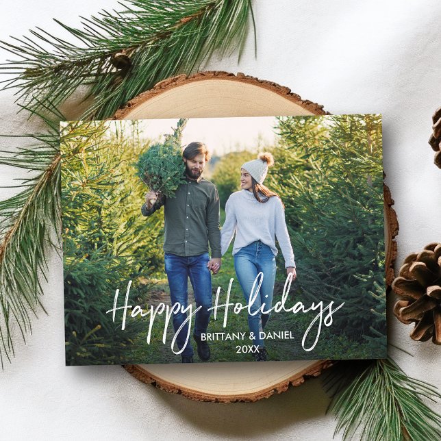 Handwritten Script Happy Holidays Couple Photo Postcard (Customize to change your personalized text size or text style.)