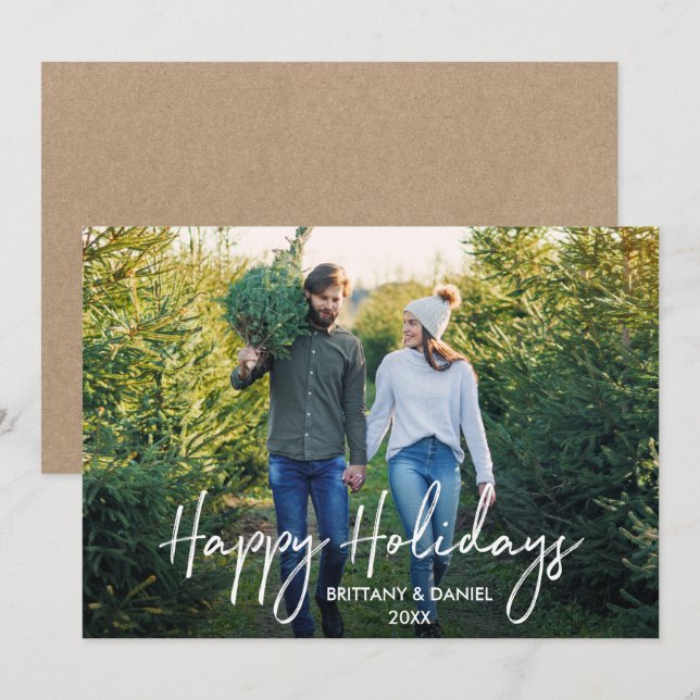 Handwritten Script Happy Holidays Photo Kraft Holiday Card (Front/Back)