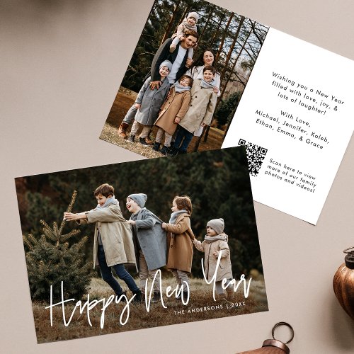 Handwritten Script Happy New Year QR Code 2 Photo Holiday Card