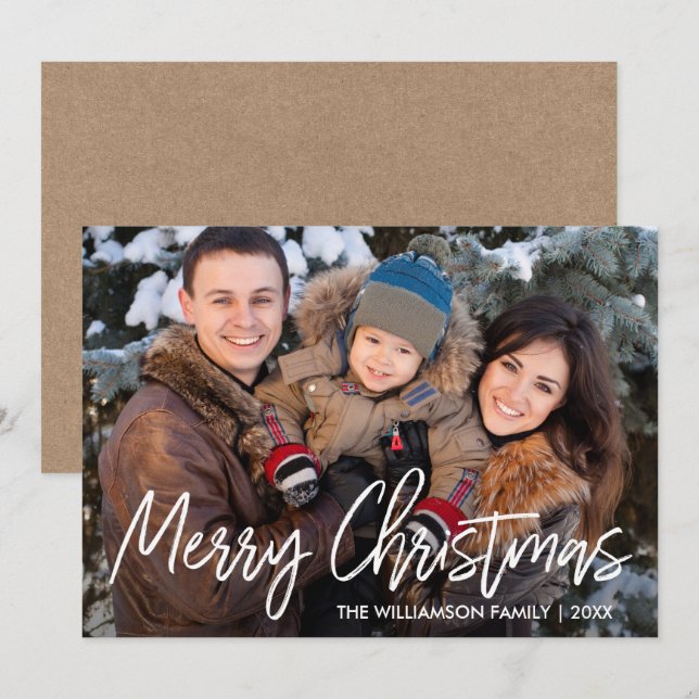 Handwritten Script Kraft Christmas Family Photo Holiday Card (Front/Back)