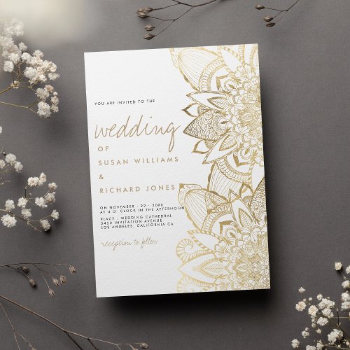 Handwritten script lettering gold mandala wedding invitation