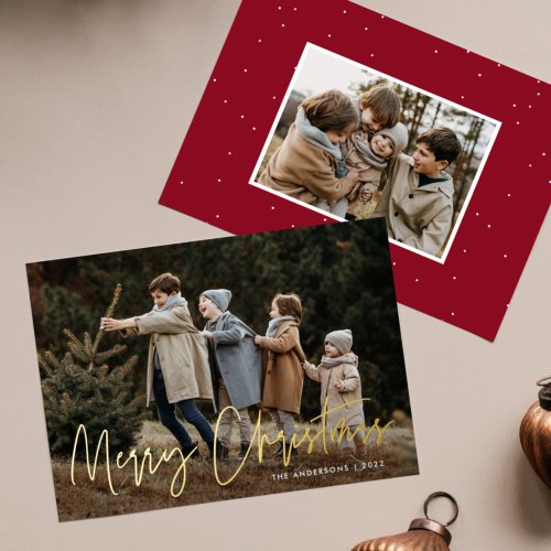 Handwritten Script Merry Christmas 2 Photo Foil Holiday Card