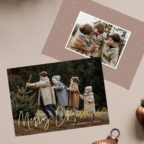 Handwritten Script Merry Christmas 2 Photo Foil Holiday Card