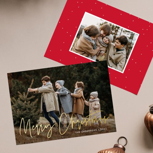 Handwritten Script Merry Christmas 2 Photo Foil Holiday Card