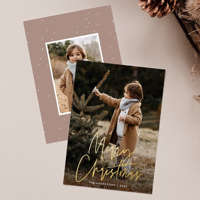 Handwritten Script Merry Christmas 2 Photo Foil Holiday Card (Creator Uploaded)