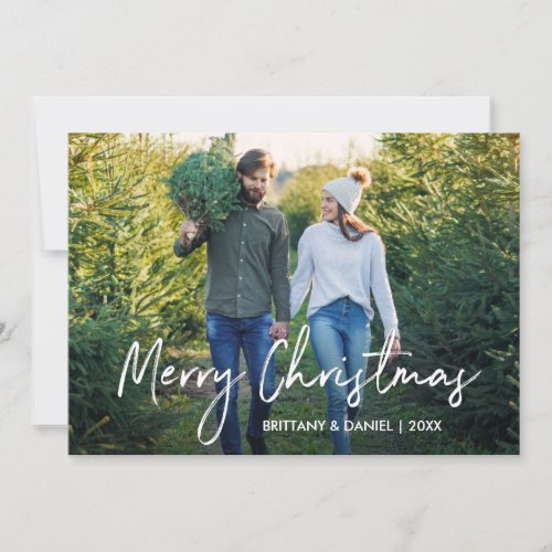 Handwritten Script Merry Christmas Couple Photo Holiday Card