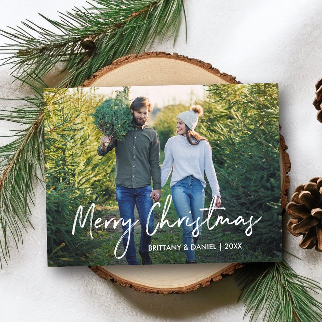 Handwritten Script Merry Christmas Couple Photo Postcard (Customize to change your personalized text size or text style.)
