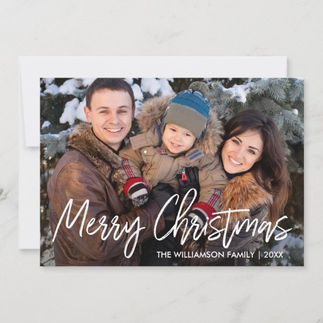 Handwritten Script Merry Christmas Family Photo Holiday Card (Front)