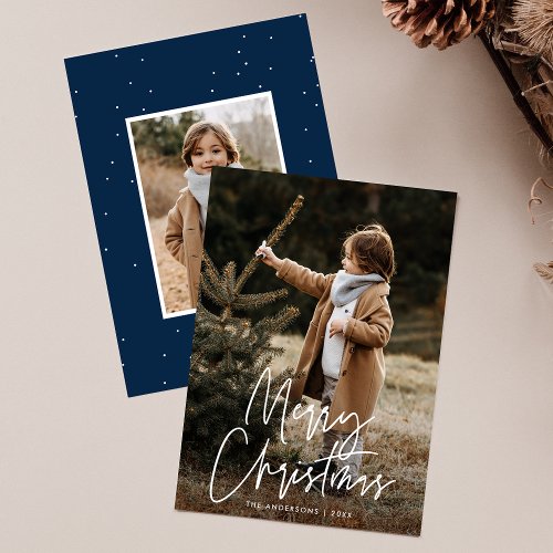 Handwritten Script Merry Christmas Navy 2 Photo Holiday Card