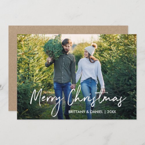 Handwritten Script Merry Christmas Photo Kraft Holiday Card