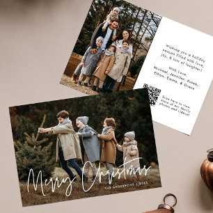 Handwritten Script Merry Christmas QR Code 2 Photo Holiday Card
