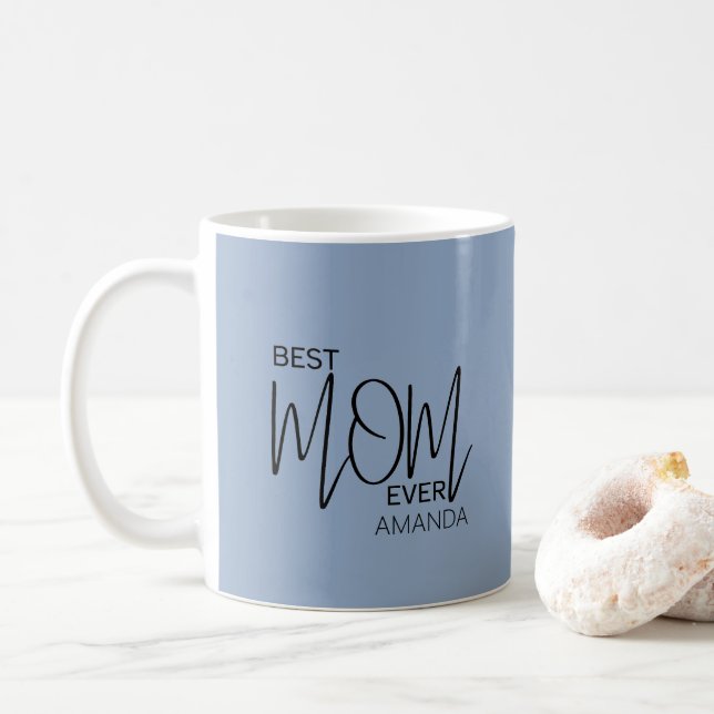 Handwritten Script Minimalist Best Mom Ever  Coffee Mug (With Donut)