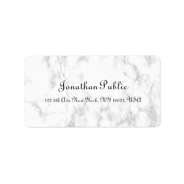 Handwritten Script Modern Elegant White Marble Label (Front)