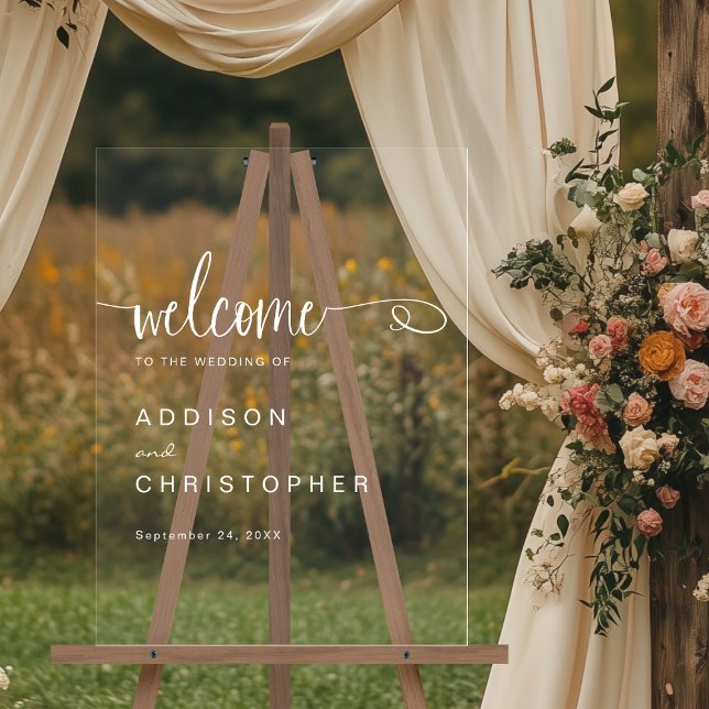 Handwritten Script Modern Minimal Wedding Welcome Acrylic Sign (Shown on an 18" x 24" clear acrylic sign)