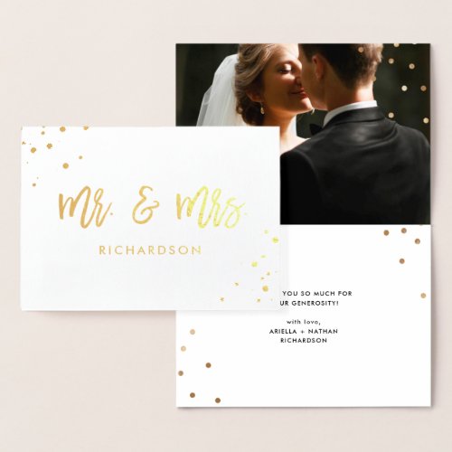 Handwritten Script  Mr and Mrs with Wedding Photo Foil Card