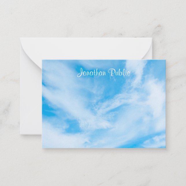 Handwritten Script Name Blue Sky White Clouds Note Card (Front)