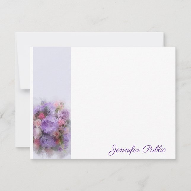 Handwritten Script Name Watercolor Roses Flowers Note Card (Front)