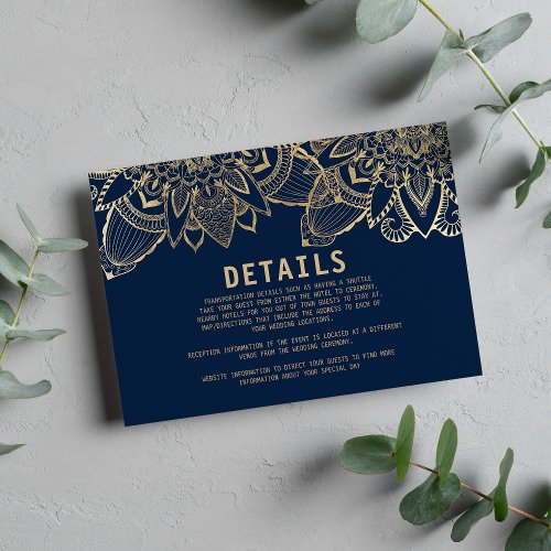 Handwritten script navy blue gold mandala details enclosure card