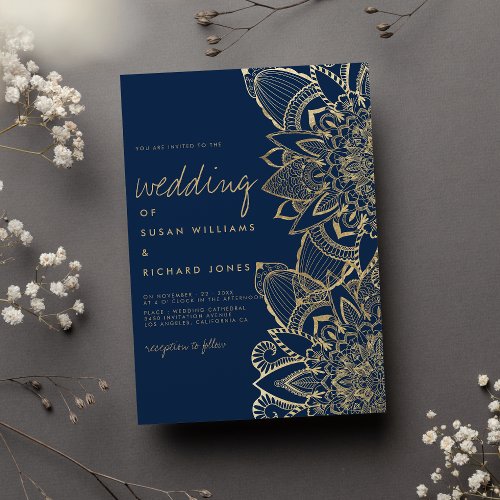 Handwritten script navy blue gold mandala wedding invitation