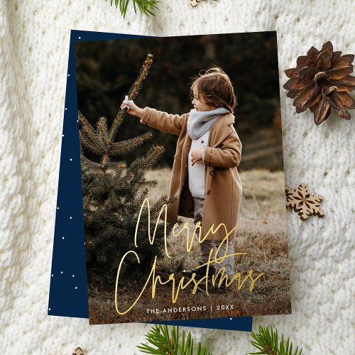 Handwritten Script Navy Merry Christmas Photo Foil Holiday Card