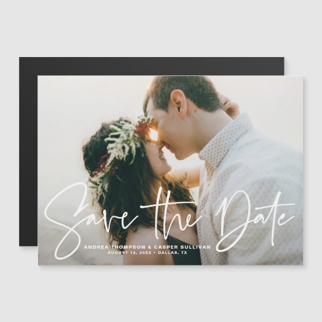 Handwritten Script Overlay Photo Save the Date Magnetic Invitation (Front/Back)