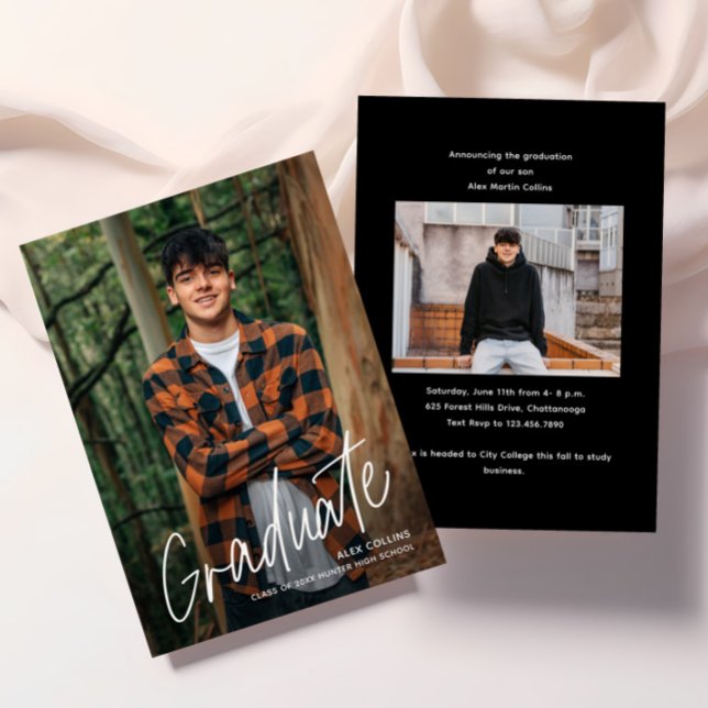 Handwritten Script Photo Graduation Announcement (Simple handwritten 2 photo graduation announcements.)