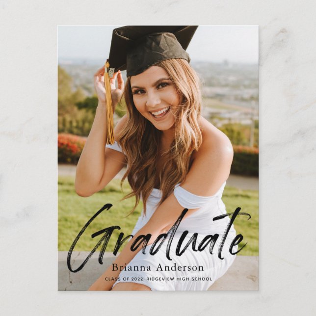 Handwritten Script Photo Graduation Announcement Postcard (Front)