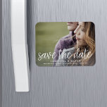 Handwritten Script | Photo Save the Date Magnet<br><div class="desc">A modern magnetic save the date designed to accommodate your favorite horizontal or landscape oriented full-bleed engagement photo. "Save the date" appears as an overlay along the bottom in white handwritten style script lettering,  with your names,  wedding date and wedding location beneath.</div>