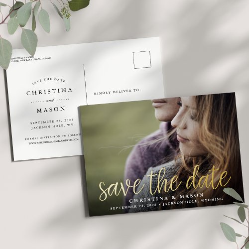 Handwritten Script  Photo Wedding Save the Date Foil Invitation Postcard