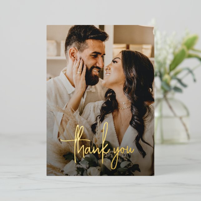 Handwritten Script Photo Wedding Thank You Card (Standing Front)