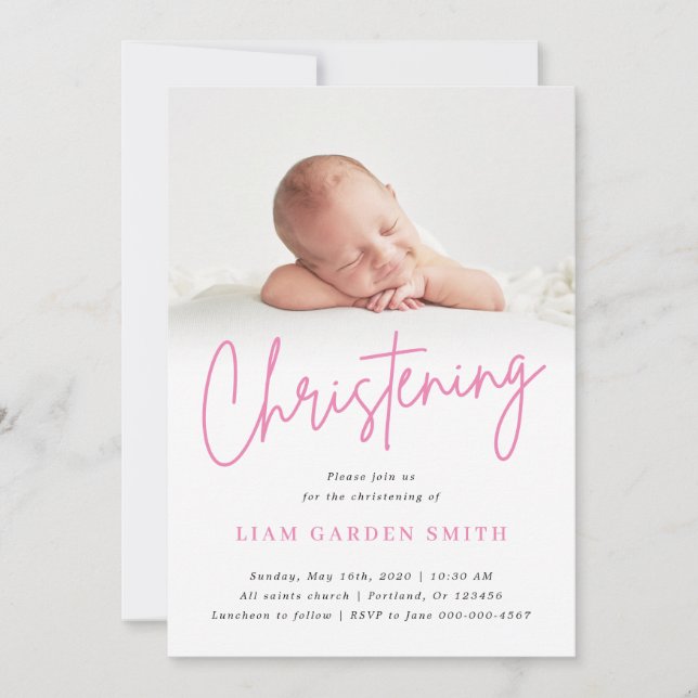 Handwritten Script Pink Christening Baptism Photo Invitation (Front)