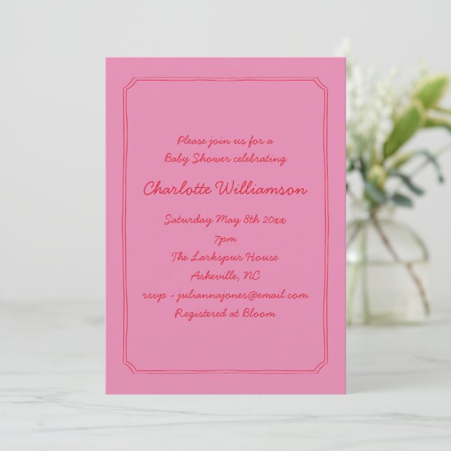 Handwritten Script Pink Red Border Baby Shower Invitation (Standing Front)