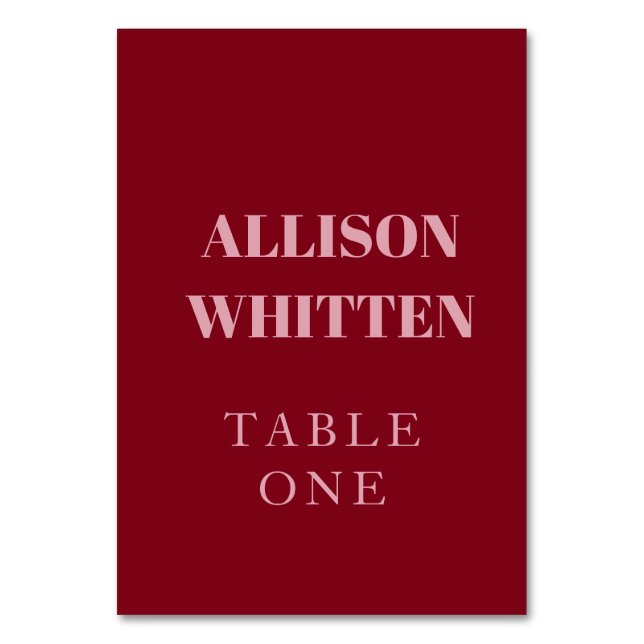 Handwritten Script Pink & Red Custom Wedding Table Number (Front)