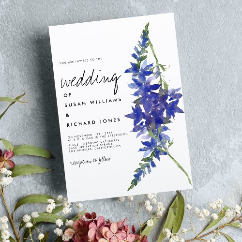 Handwritten script purple blue floral wedding  invitation