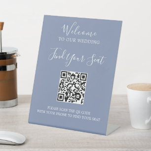 Handwritten script QR code wedding seating Pedestal Sign