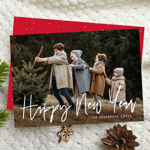 Handwritten Script Red Happy New Year Photo Holiday Card
