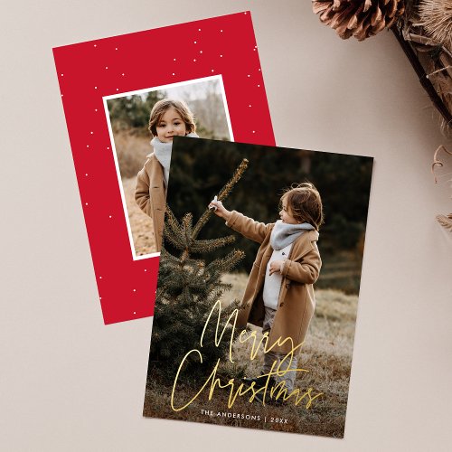 Handwritten Script Red Merry Christmas 2 Photo Foil Holiday Card