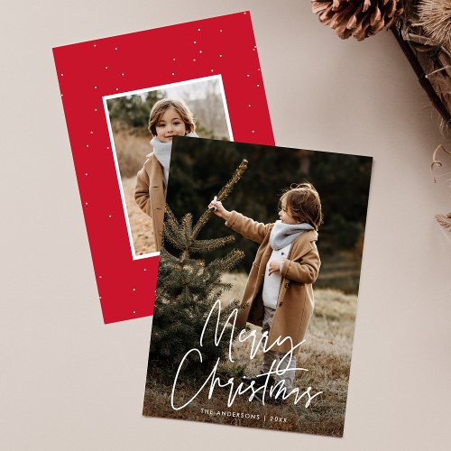 Handwritten Script Red Merry Christmas 2 Photo Holiday Card