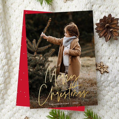 Handwritten Script Red Merry Christmas Photo Foil Holiday Card