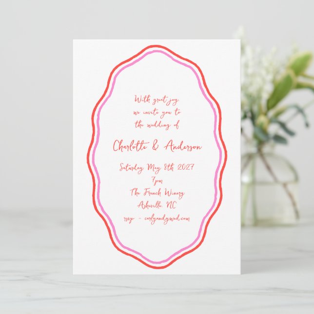 Handwritten Script Red Scribble Border Wedding Invitation (Standing Front)